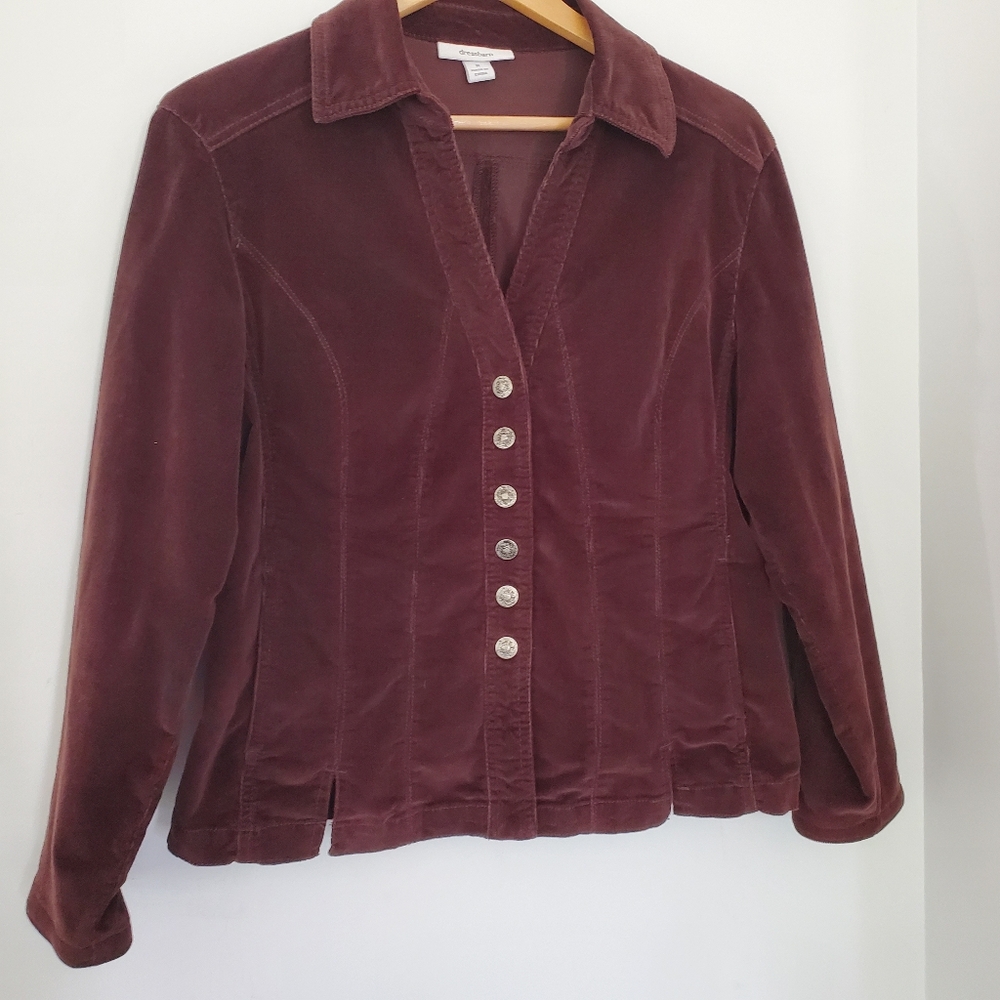 DRESS BARN M Brown Corduroy V-Neck Jacket Metal Snaps Collared Pockets Vintage